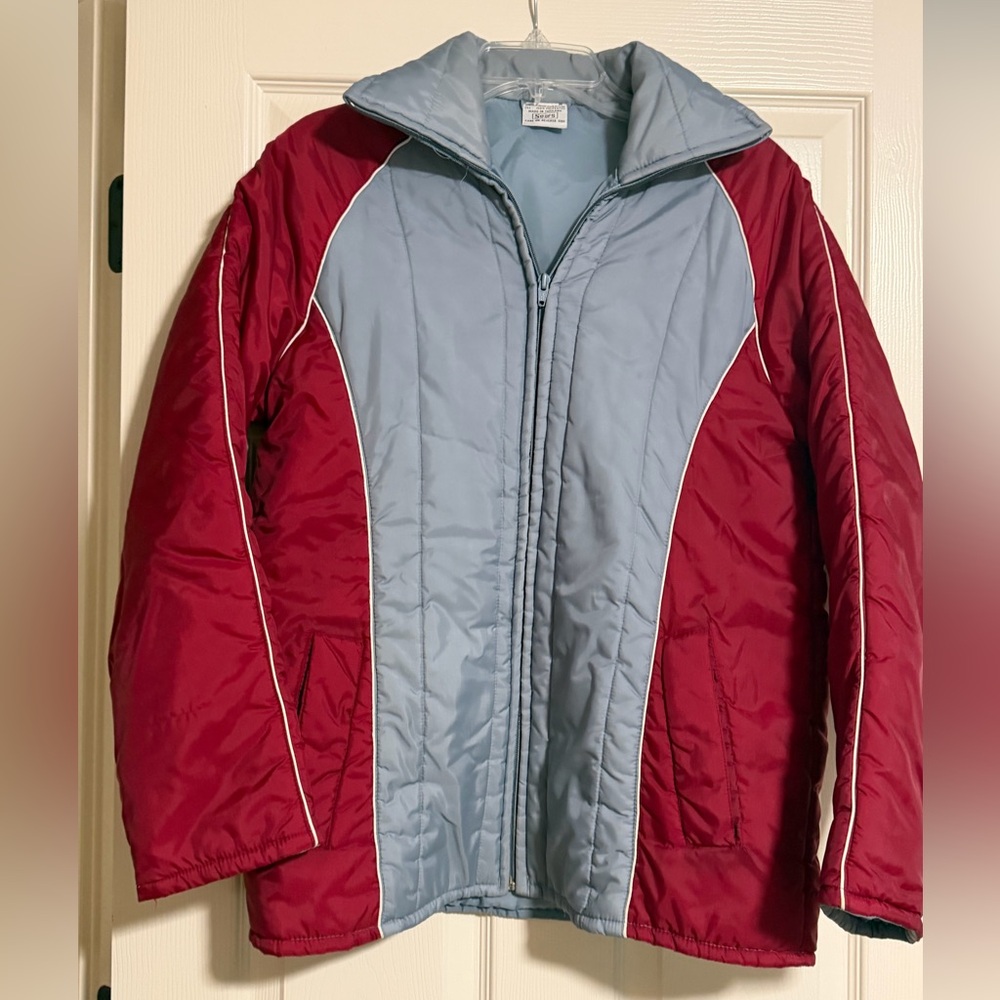 Vintage Sears Retro Puffer Ski Jacket 70s 80s Medium Red Gray